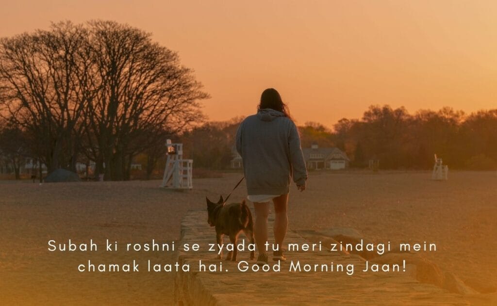 A person in a hoodie walks a dog on a sandy path at sunrise. Bare trees and lifeguard chairs in the background. Hindi text: "Good Morning Jaan!"