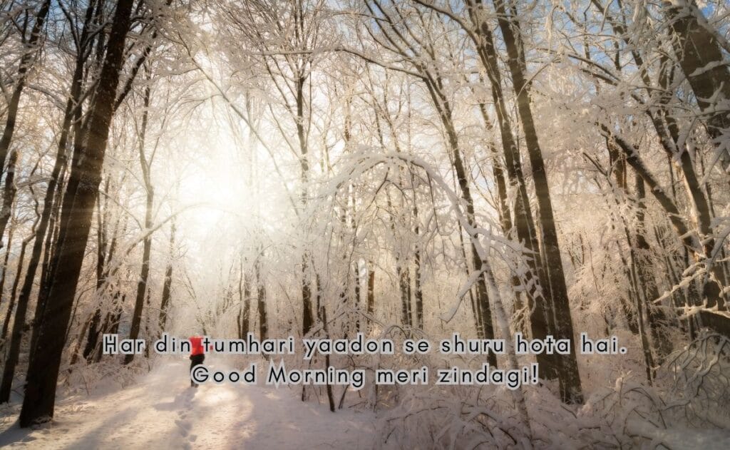 Snow-covered forest with sunlight streaming through bare trees, creating a serene, magical atmosphere. Text overlay reads "Har din tumhari yaadon se shuru hota hai. Good Morning meri zindagi!"