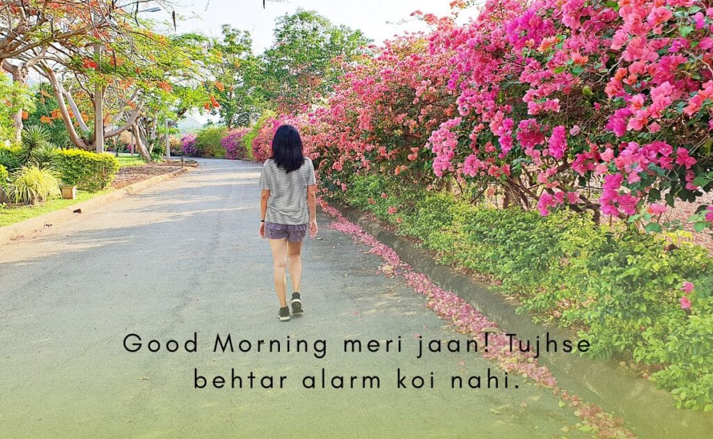 A woman walks along a tree-lined path with vibrant pink flowers. The mood is peaceful. Text reads, "Good Morning meri jaan! Tujhse behtar alarm koi nahi."