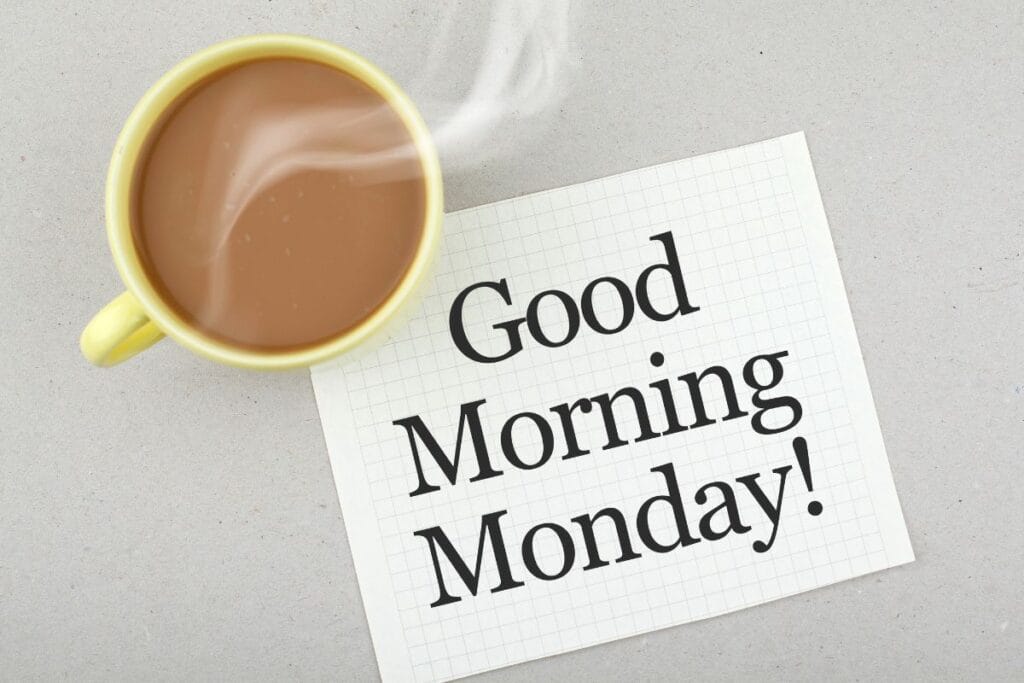 Happy Monday good morning image with a smiling coffee mug