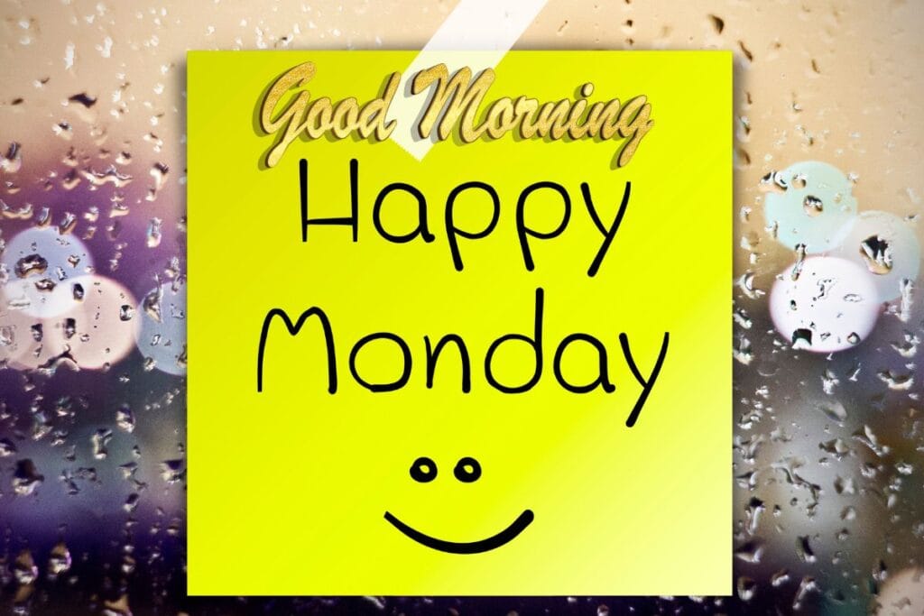 Good Morning Monday message image with cozy coffee scene