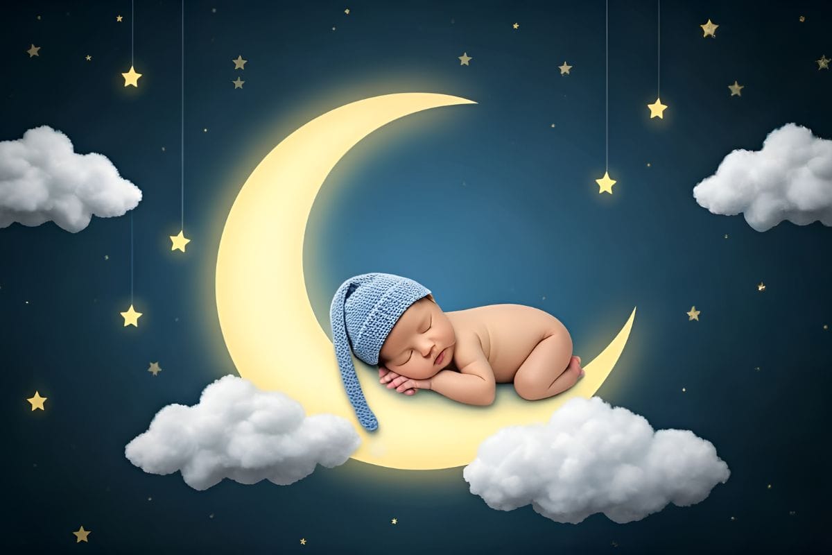 A peaceful baby sleeps on a glowing crescent moon, wearing a blue knit hat. Surrounding fluffy clouds and twinkling stars create a dreamy night sky.