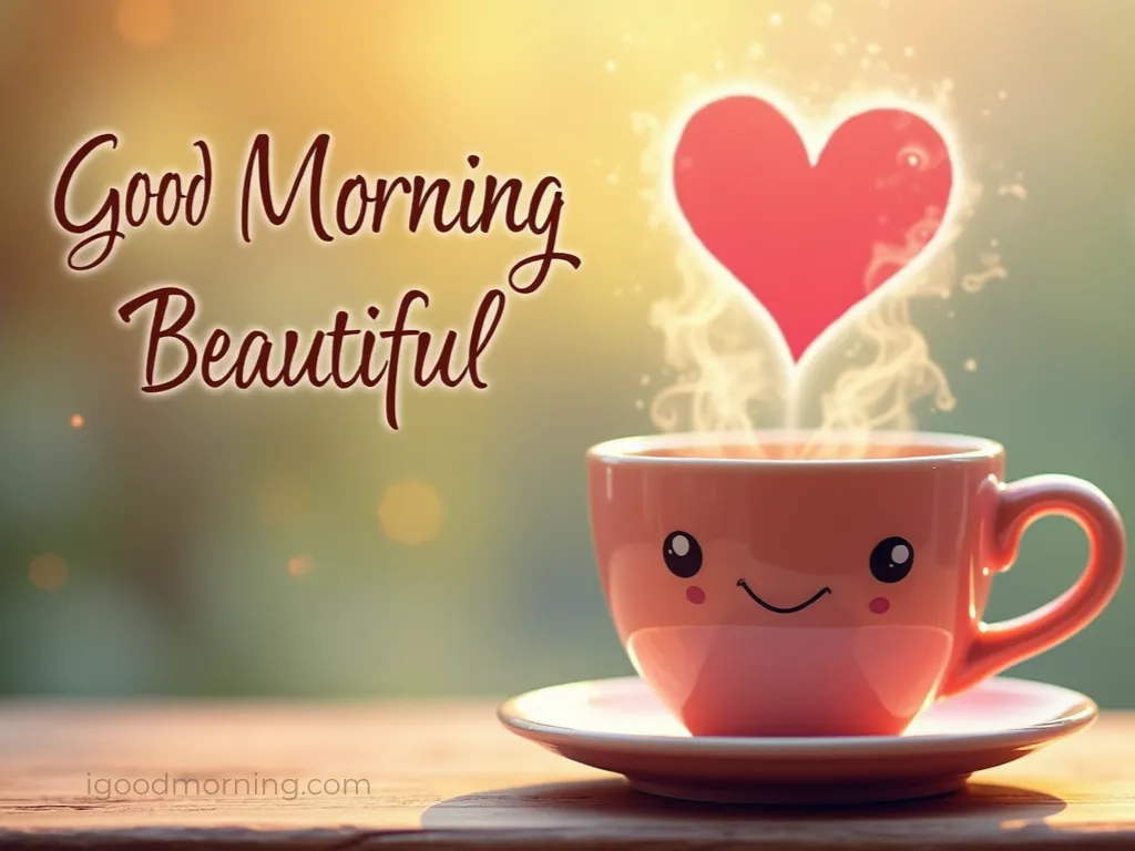 Aesthetic coffee mug with steam heart — beautiful good morning message for her