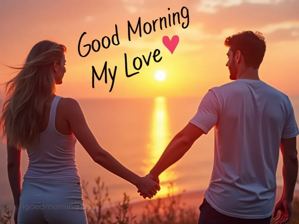 Sunrise beach view with text overlay — inspiring good morning message for her