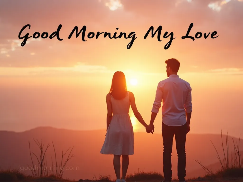 Couple holding hands in morning sunlight — romantic good morning wishes for her