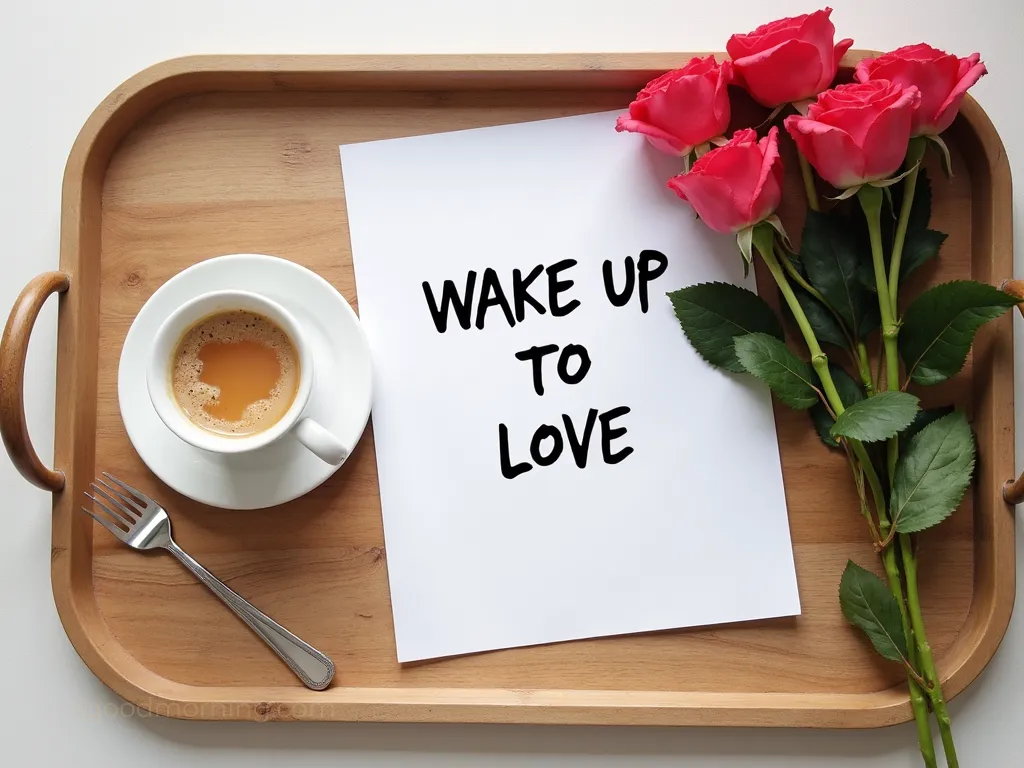 Soft pastel morning flat lay with flowers and note — loving good morning text for girlfriend