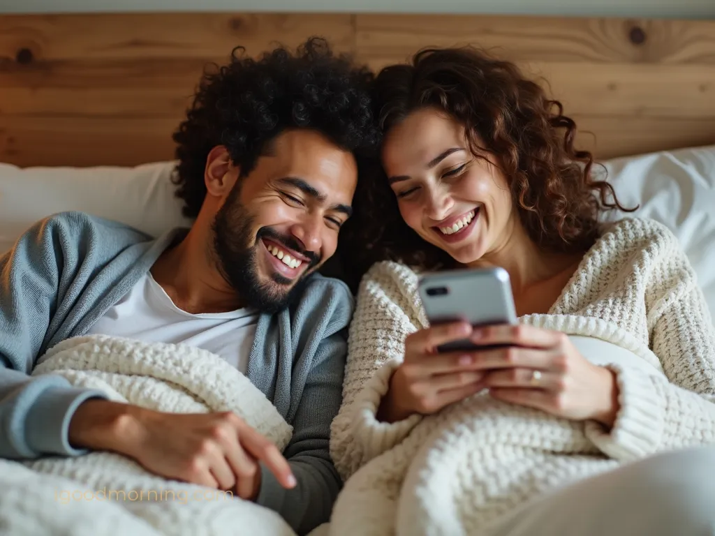 Smiling woman reading a message on phone — sweet good morning message for her