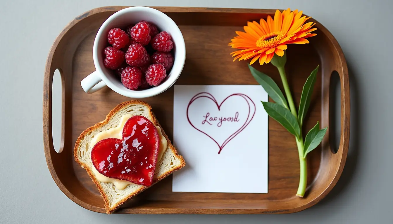 A thoughtful flat lay of breakfast items – perhaps toast with jam, a fruit bowl, and a small, handwritten note or a single flower, all arranged on a rustic wooden tray.