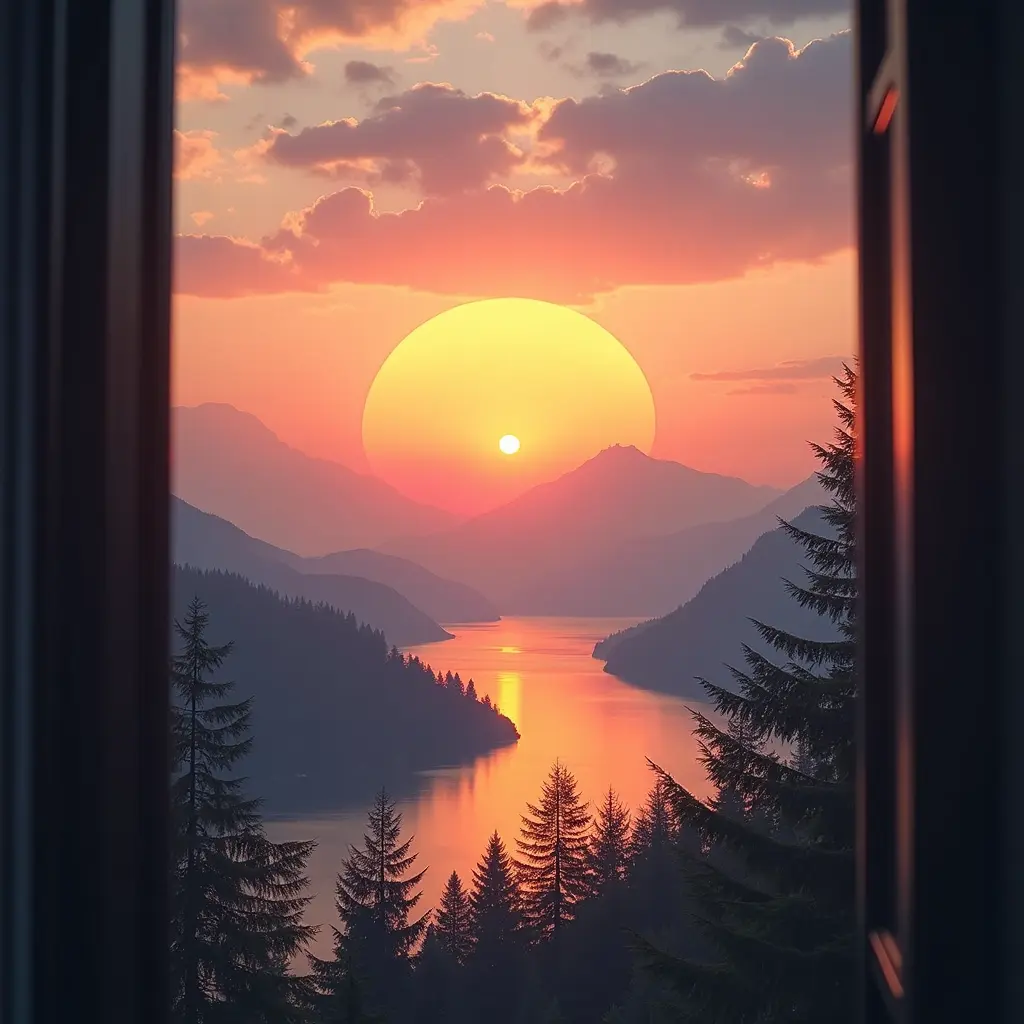 A picturesque sunrise over a calm landscape (e.g., mountains, a lake, a city skyline), seen from a window or balcony