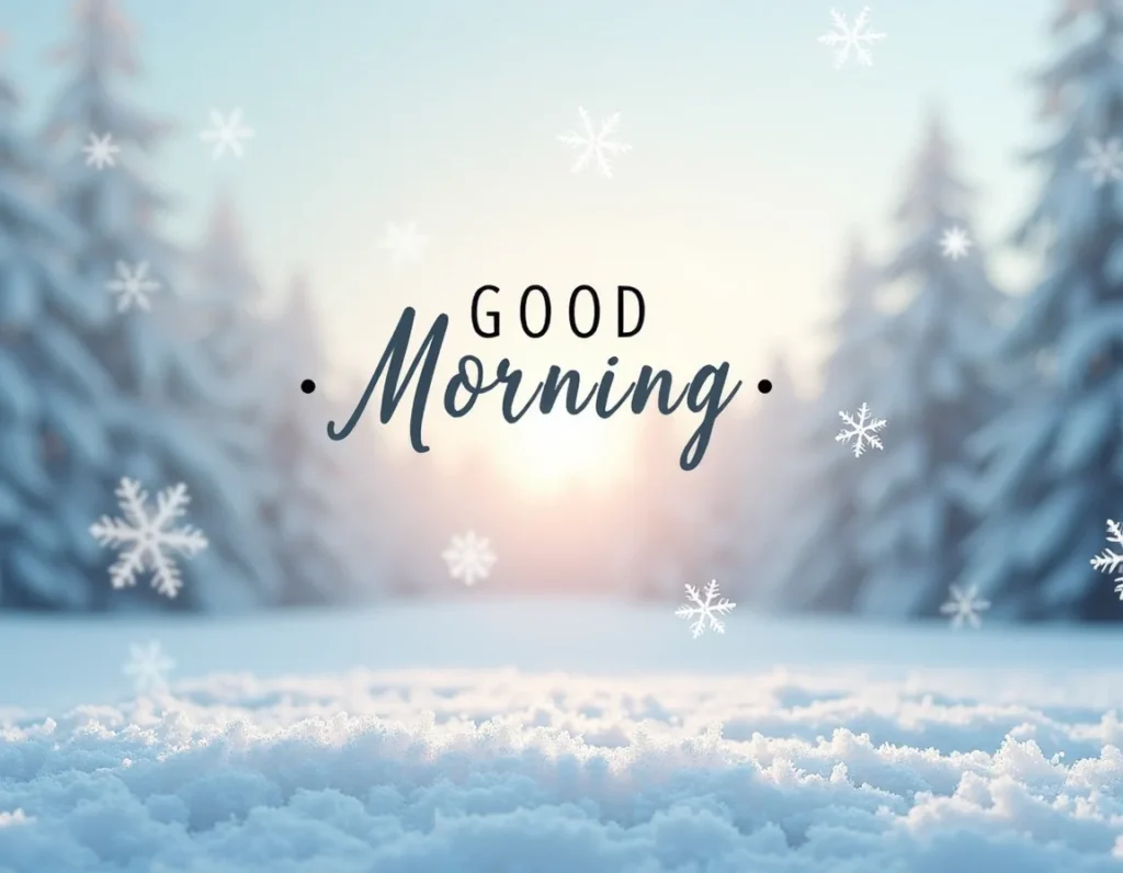 Minimalist winter morning background with clean white snow, soft blue tones, rising sun, subtle snowflake overlay, modern and elegant ‘Good Morning’ typography, HD