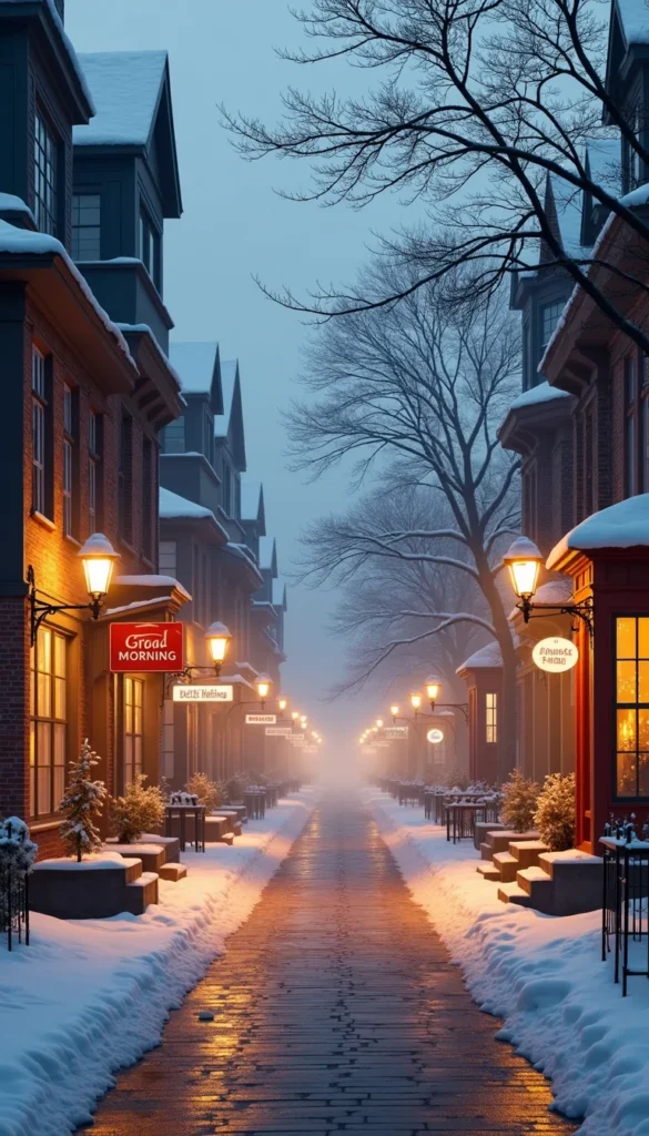 A calm winter street early in the morning, warm shop lights glowing, fresh snow on rooftops, soft fog, peaceful vibes, ‘Good Morning’ written in classic serif font, photorealistic.