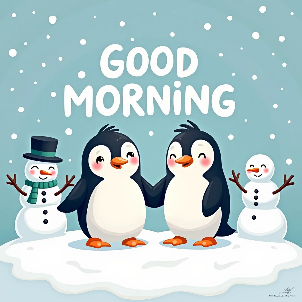 Cute winter-themed aesthetic featuring penguins and snowmen smiling, blue and white color palette, soft snow background, playful ‘Good Morning’ text, adorable cartoon style.