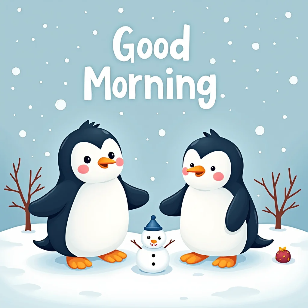 Cute winter-themed aesthetic featuring penguins and snowmen smiling, blue and white color palette, soft snow background, playful ‘Good Morning’ text, adorable cartoon style.
