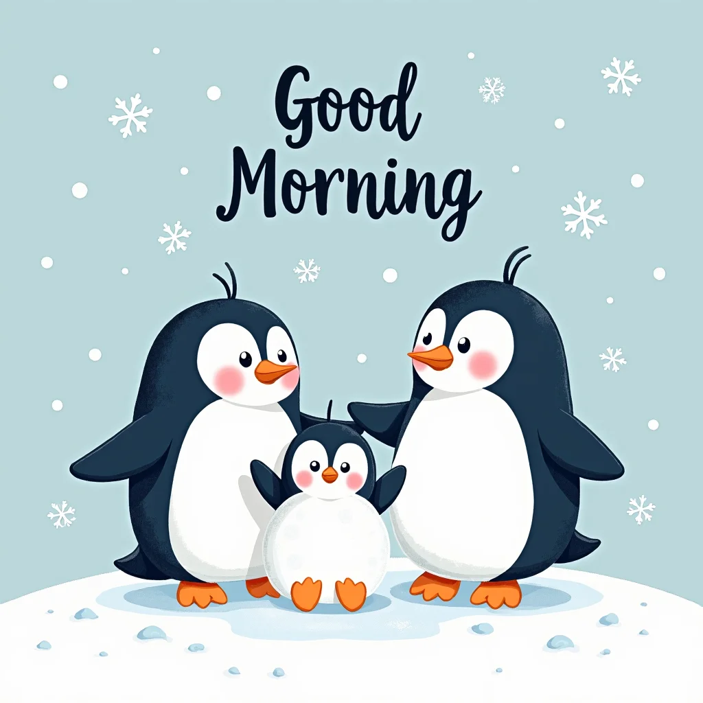Cute winter-themed aesthetic featuring penguins and snowmen smiling, blue and white color palette, soft snow background, playful ‘Good Morning’ text, adorable cartoon style.