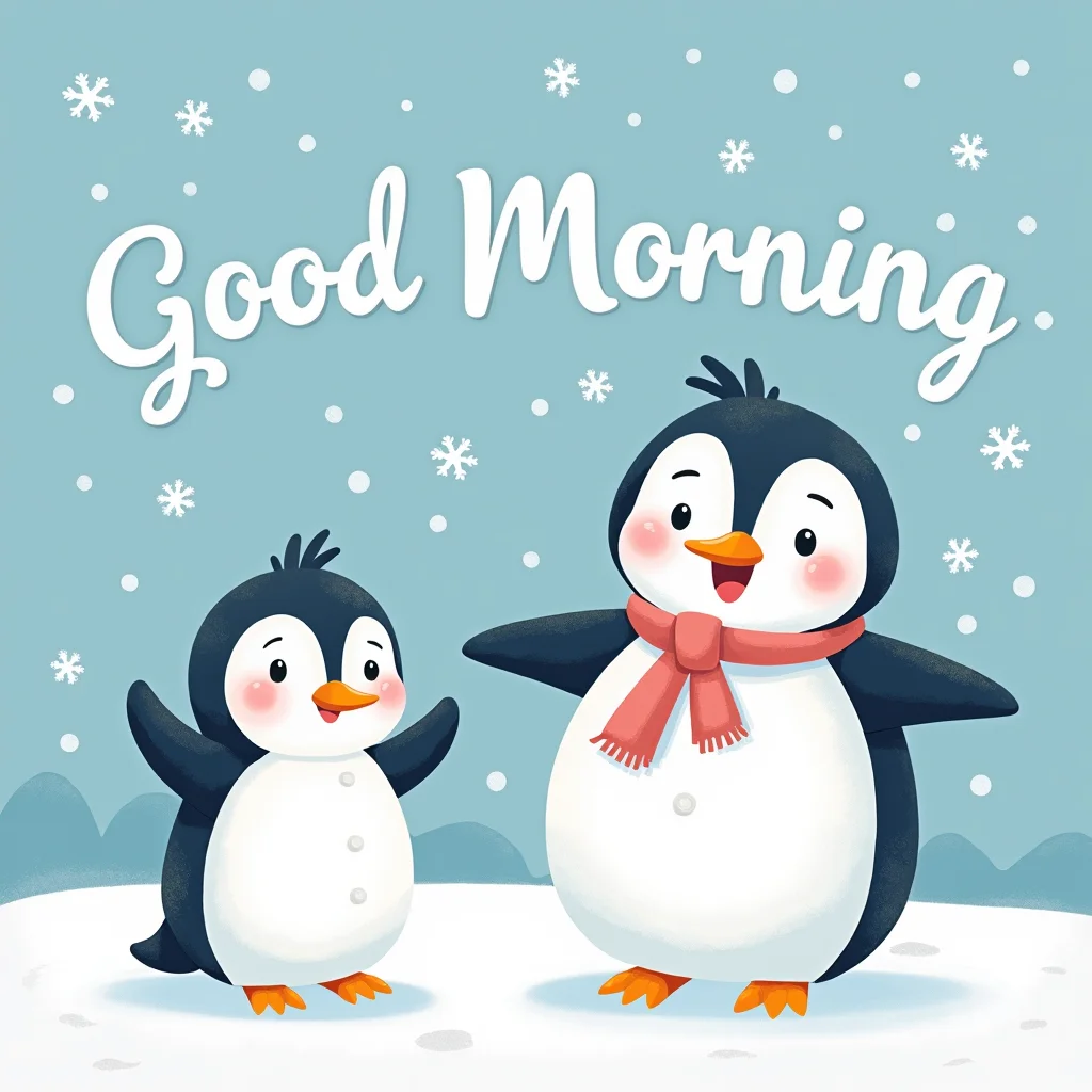 Cute winter-themed aesthetic featuring penguins and snowmen smiling, blue and white color palette, soft snow background, playful ‘Good Morning’ text, adorable cartoon style.