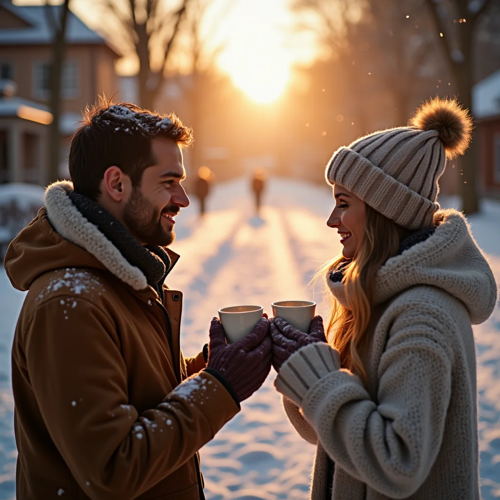 A romantic winter morning scene with a couple holding mugs, soft snow falling, cozy sweaters, warm tones, gentle sun rays, minimal ‘Good Morning’ text, cinematic portrait style.