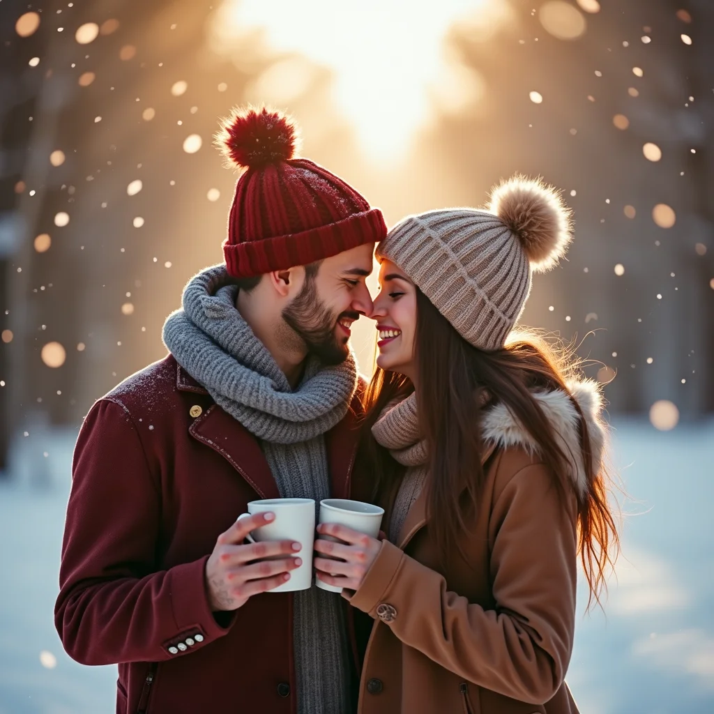 A romantic winter morning scene with a couple holding mugs, soft snow falling, cozy sweaters, warm tones, gentle sun rays, minimal ‘Good Morning’ text, cinematic portrait style.