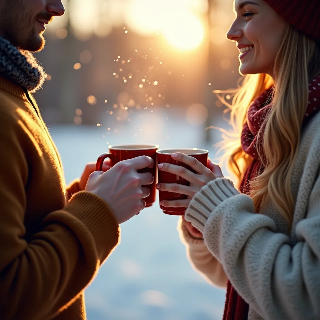 A romantic winter morning scene with a couple holding mugs, soft snow falling, cozy sweaters, warm tones, gentle sun rays, minimal ‘Good Morning’ text, cinematic portrait style.