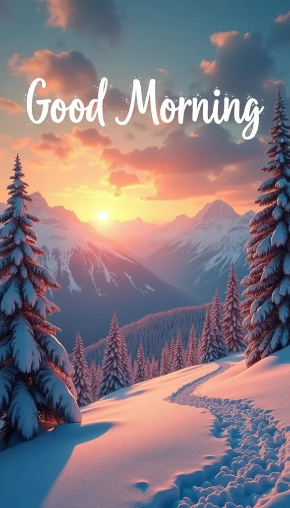 Beautiful winter sunrise over snowy mountains, golden sky, sparkling snow crystals, peaceful atmosphere, bold ‘Good Morning’ text, ultra-high resolution, nature photography style.