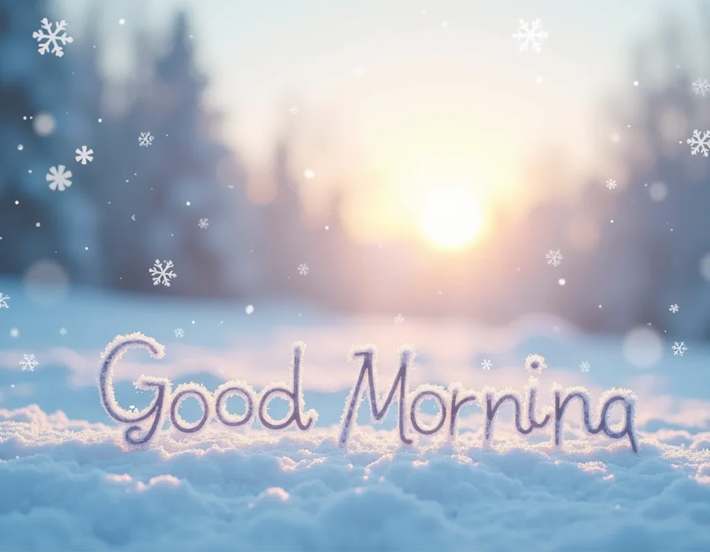 Minimalist winter morning background with clean white snow, soft blue tones, rising sun, subtle snowflake overlay, modern and elegant ‘Good Morning’ typography, HD