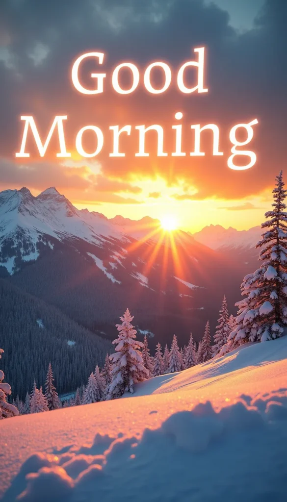 Beautiful winter good morning images,  sunrise over snowy mountains, golden sky, sparkling snow crystals, peaceful atmosphere, bold ‘Good Morning’ text, ultra-high resolution, nature photography style.
