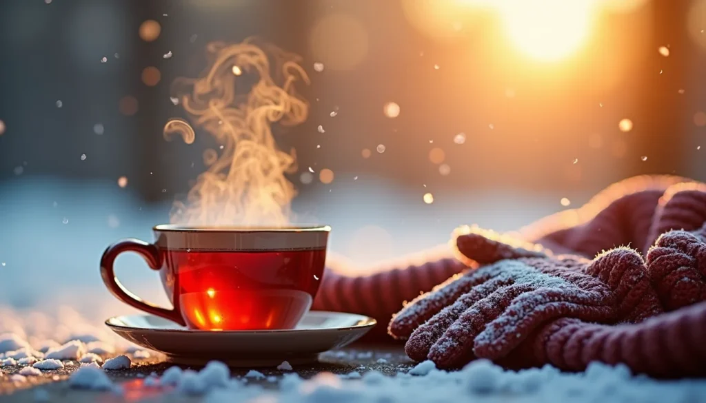 A steaming cup of tea beside a wool scarf and gloves, snowflakes falling gently, blurred winter background, warm orange sunrise light, ‘Winter Good Morning’ written elegantly.
