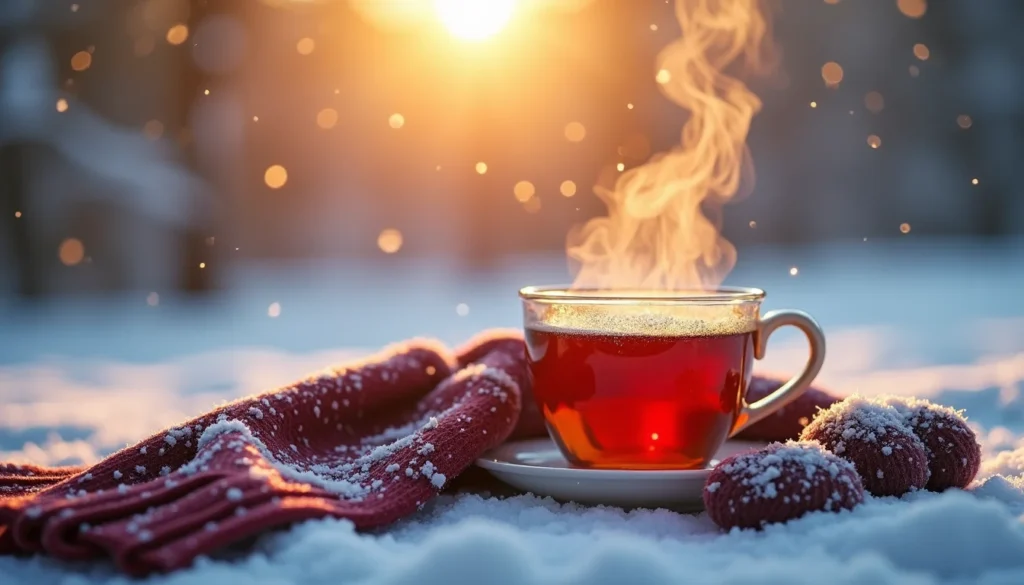 A steaming cup of tea beside a wool scarf and gloves, snowflakes falling gently, blurred winter background, warm orange sunrise light, ‘Winter Good Morning’ written elegantly.
