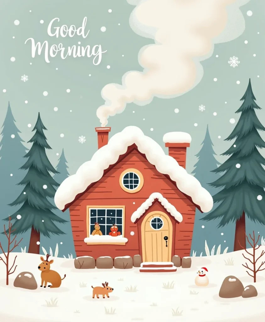 A cute winter morning illustration featuring a tiny cabin with smoke coming out, snow all around, soft pastel colors, warm light, ‘Good Morning’ in stylish handwriting, cozy aesthetic.