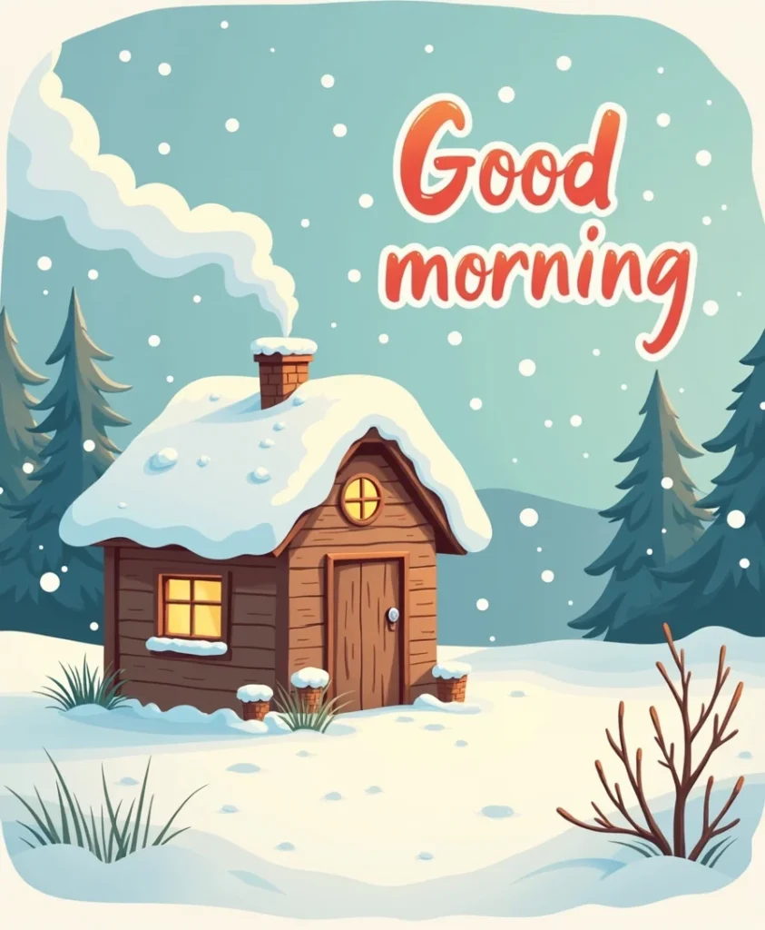 A cute winter morning illustration featuring a tiny cabin with smoke coming out, snow all around, soft pastel colors, warm light, ‘Good Morning’ in stylish handwriting, cozy aesthetic.