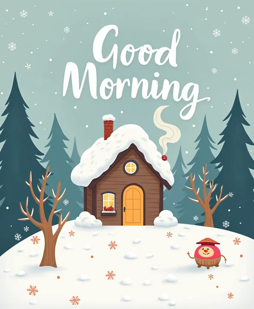 A cute winter morning illustration featuring a tiny cabin with smoke coming out, snow all around, soft pastel colors, warm light, ‘Good Morning’ in stylish handwriting, cozy aesthetic.