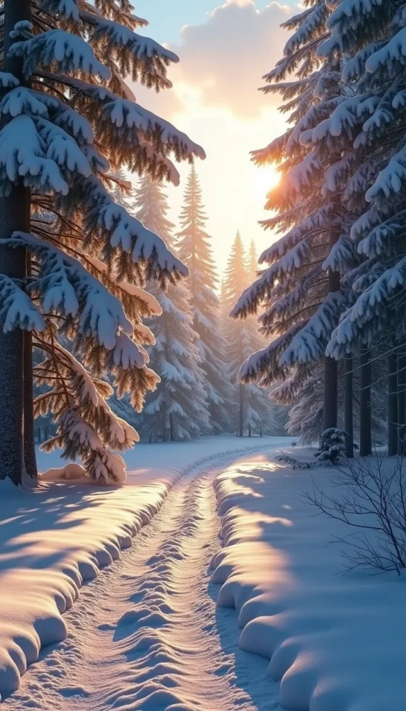 Snow-covered pine trees glowing under early morning sunlight, peaceful winter forest path, warm light rays breaking through trees, elegant ‘Good Morning’ text, cinematic look, high detail.