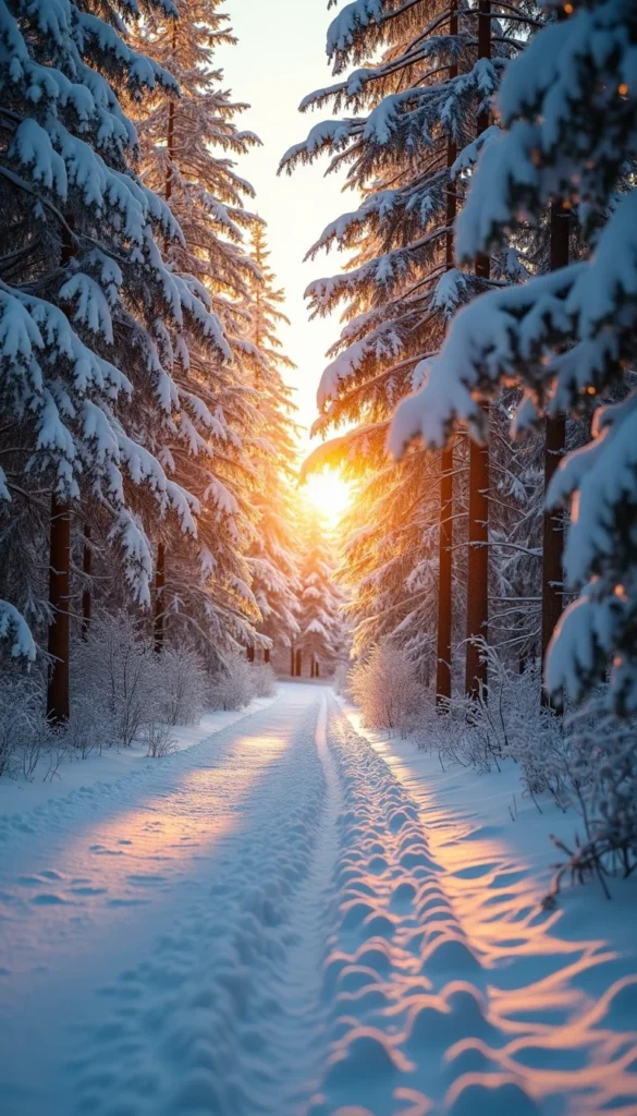 Snow-covered pine trees glowing under early morning sunlight, peaceful winter forest path, warm light rays breaking through trees, elegant ‘Good Morning’ text, cinematic look, high detail.