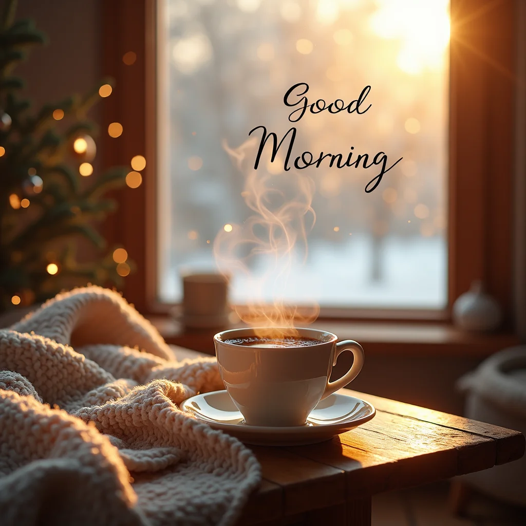 A cozy winter morning scene with soft golden sunlight, hot steaming coffee cup on a wooden table, snow falling outside the frosted window, warm knitted blanket, handwritten ‘Good Morning’ text, ultra-realistic, HD, soft lighting.