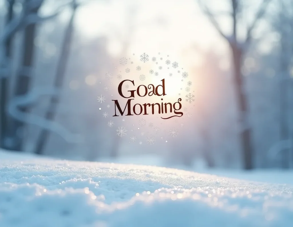 Minimalist winter morning background with clean white snow, soft blue tones, rising sun, subtle snowflake overlay, modern and elegant ‘Good Morning’ typography, HD