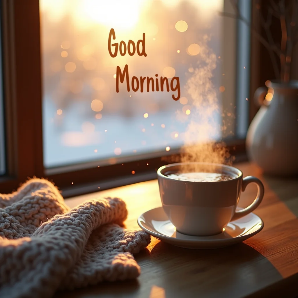 A cozy winter morning scene with soft golden sunlight, hot steaming coffee cup on a wooden table, snow falling outside the frosted window, warm knitted blanket, handwritten ‘Good Morning’ text, ultra-realistic, HD, soft lighting.