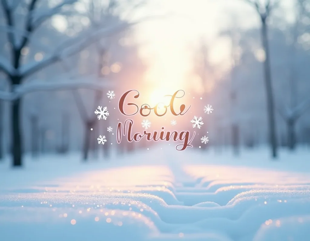 Minimalist winter morning background with clean white snow, soft blue tones, rising sun, subtle snowflake overlay, modern and elegant ‘Good Morning’ typography, HD