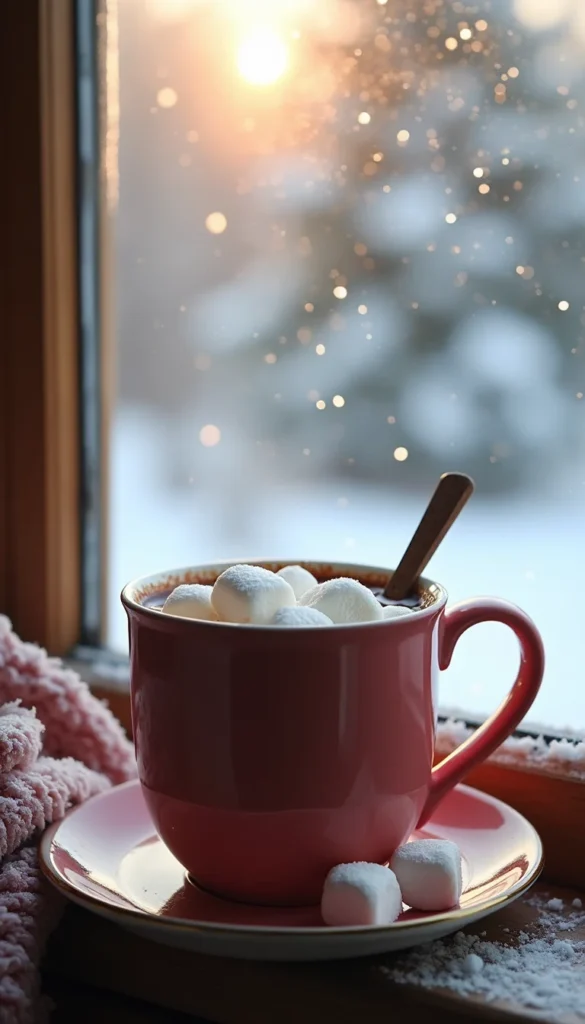 Hot chocolate mug with marshmallows on a snowy windowsill, snowflakes bokeh effect, early morning light warming the scene, cozy winter aesthetic, soft script ‘Good Morning’ text.