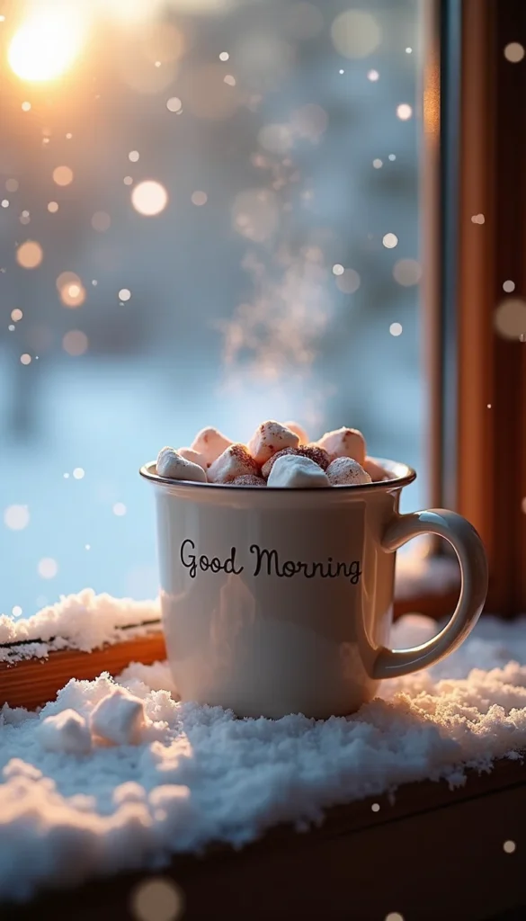 Hot chocolate mug with marshmallows on a snowy windowsill, snowflakes bokeh effect, early morning light warming the scene, cozy winter aesthetic, soft script ‘Good Morning’ text.