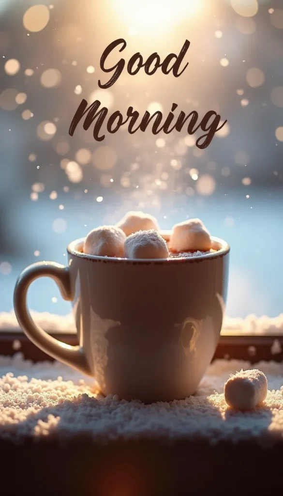Hot chocolate mug with marshmallows on a snowy windowsill, snowflakes bokeh effect, early morning light warming the scene, cozy winter aesthetic, soft script ‘Good Morning’ text.
