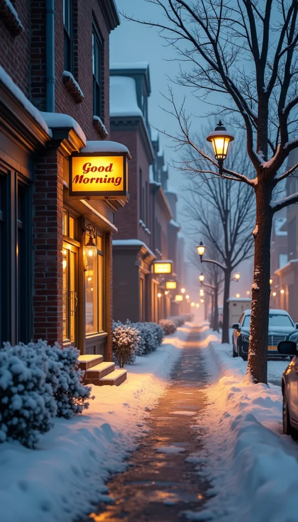 A calm winter street early in the morning, warm shop lights glowing, fresh snow on rooftops, soft fog, peaceful vibes, ‘Good Morning’ written in classic serif font, photorealistic.