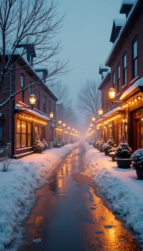 A calm winter street early in the morning, warm shop lights glowing, fresh snow on rooftops, soft fog, peaceful vibes, ‘Good Morning’ written in classic serif font, photorealistic.