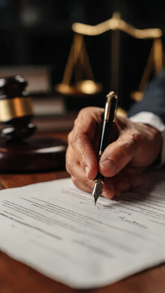 A legal expert signing detailed insurance paperwork for a car accident case.
