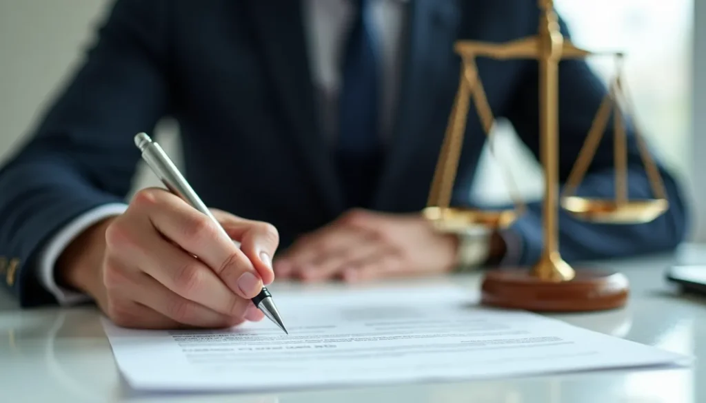 Close-up view of a lawyer preparing official car crash claim documents for submission.