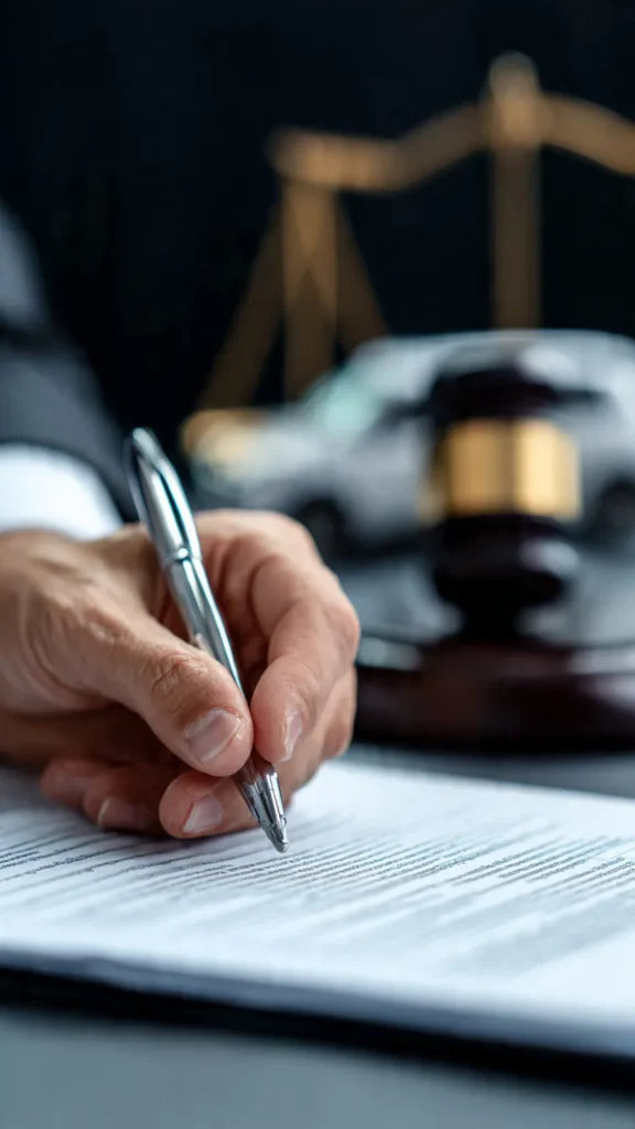 A hand of a lawyer signing insurance claim documents to help a car accident victim receive compensation.