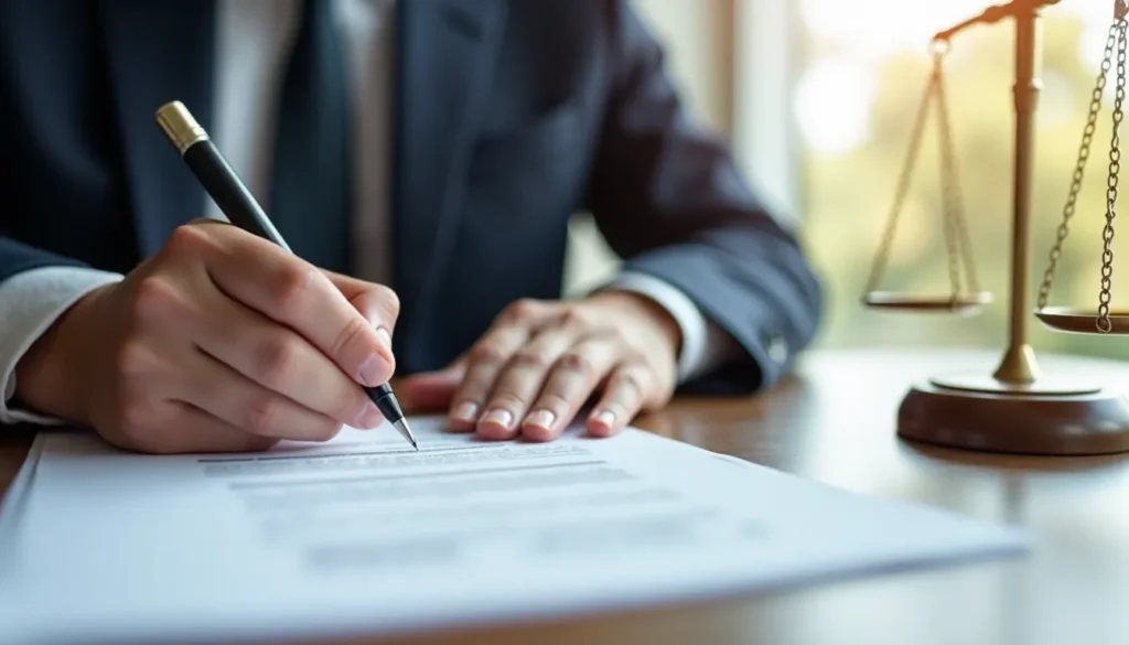 An attorney authorizing car accident settlement paperwork in a legal office.