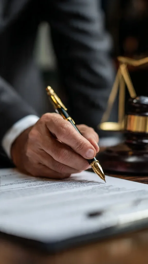 Close-up of a personal injury lawyer reviewing and signing accident compensation documents.