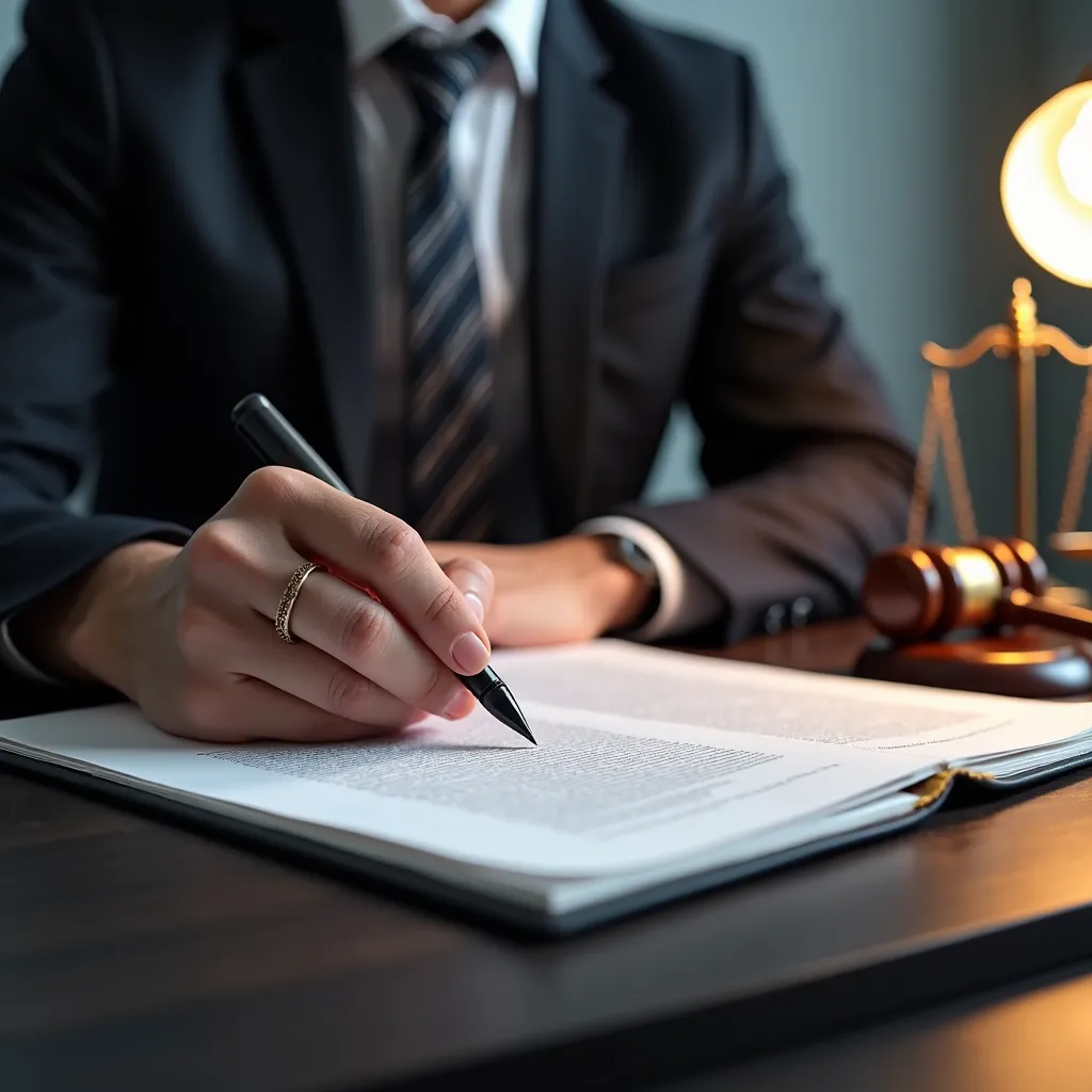 Close-up shot of an attorney completing important car accident insurance paperwork.
