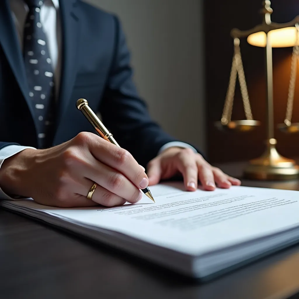 A lawyer’s hand signing car accident claim forms during the insurance documentation process.