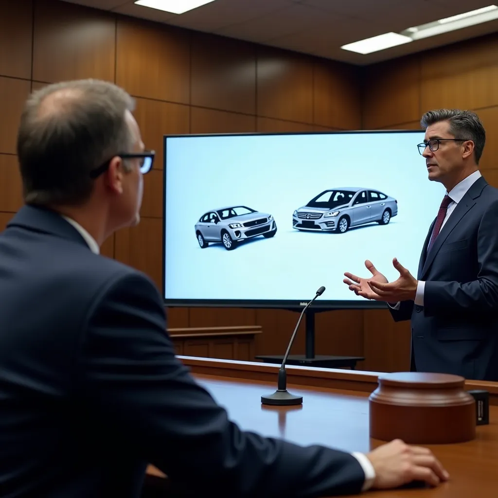 A courtroom attorney using accident diagrams and documents to argue for fair compensation.