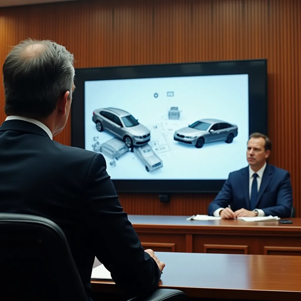 A personal injury lawyer presenting photographic proof in front of the judge during a trial.